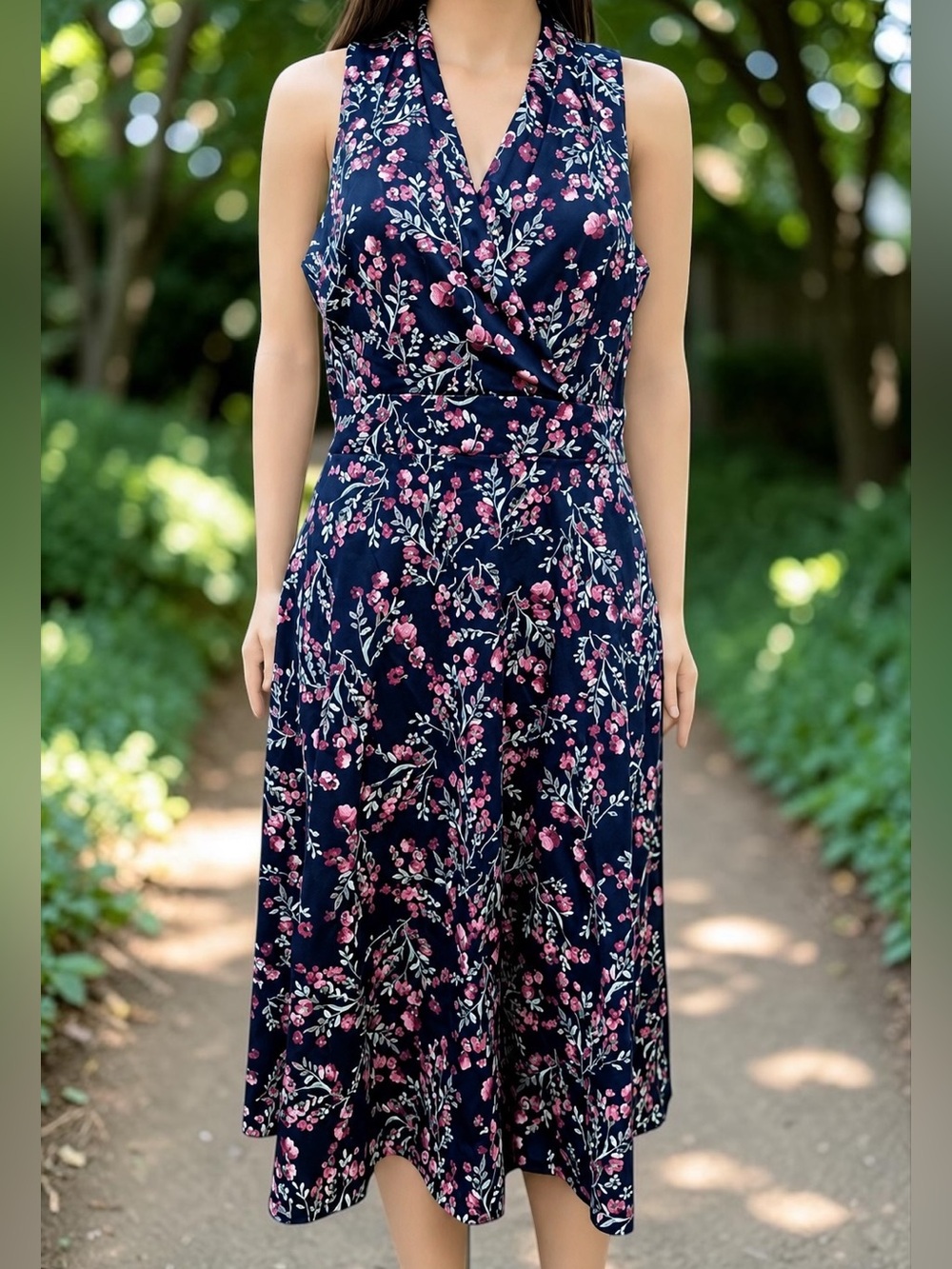 London Times Navy Pink Floral Midi Dress Size 8 Tie Back Fit & Flare